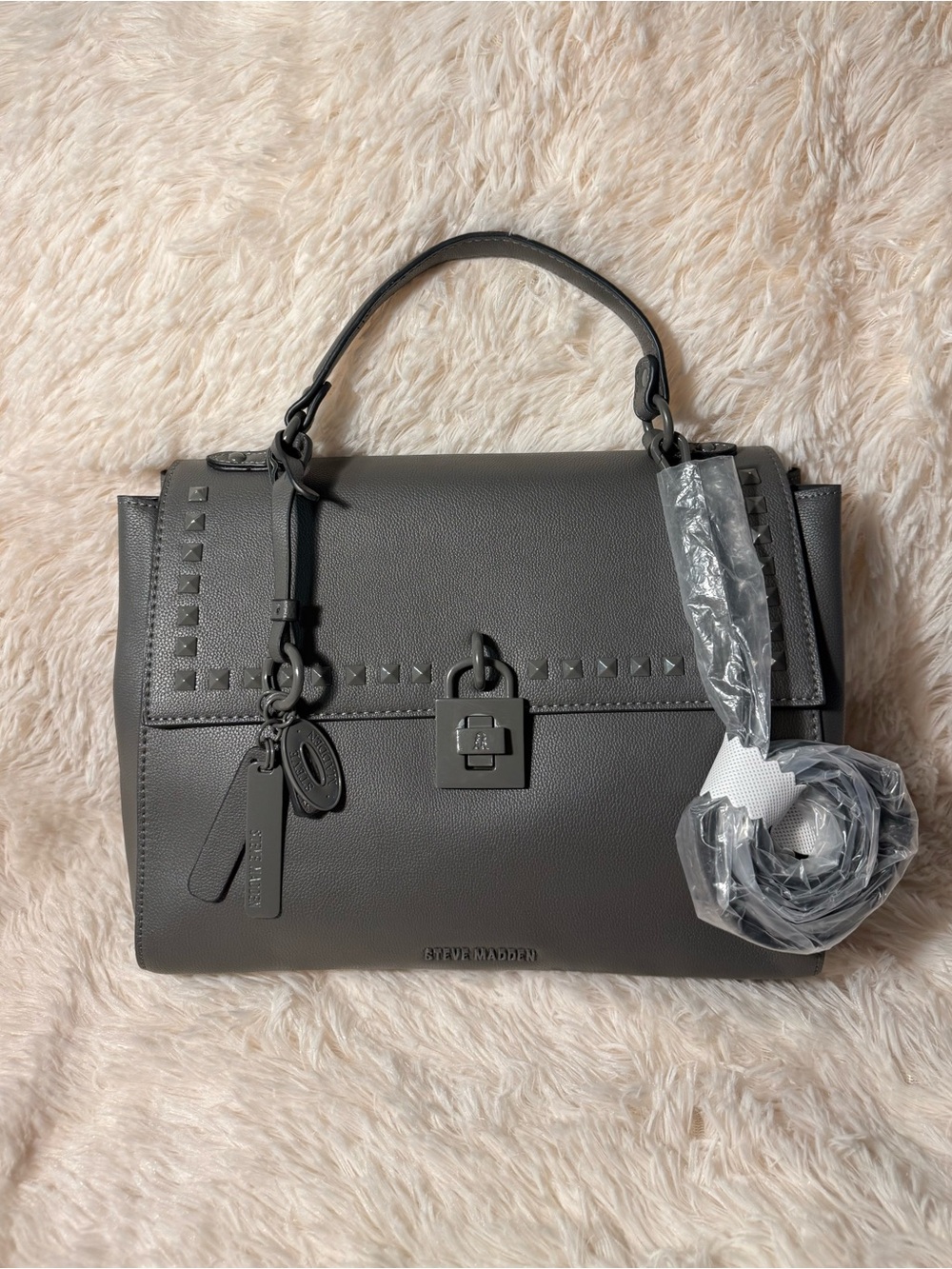 Steve Madden Gray Pyramid-Stud Satchel